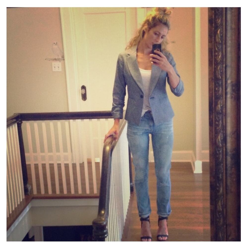 Gibson Womens Linen Cotton Blend Tailored Blazer S Blue Beachy Preppy Coastal
